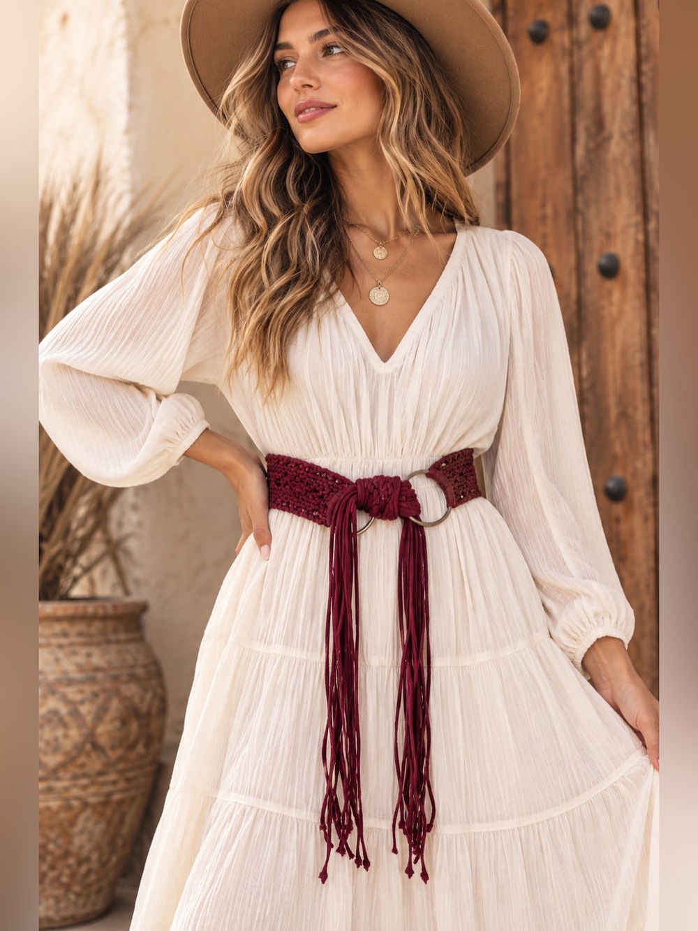 Burgundy Crochet Macrame O-Ring Fringe Tie Belt Boho Western Suede Feel